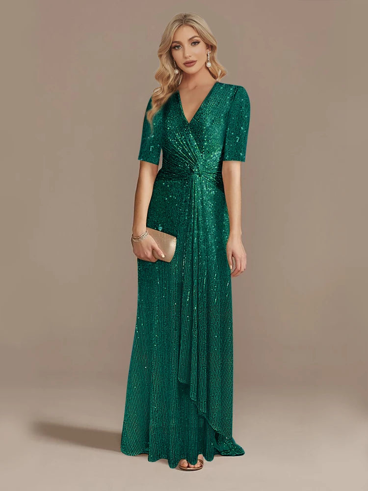 Luxury Green Floor Length V-Neck Evening Dresses Women Elegant Party Maxi Sequins Short Sleeves Prom Cocktail Gowns