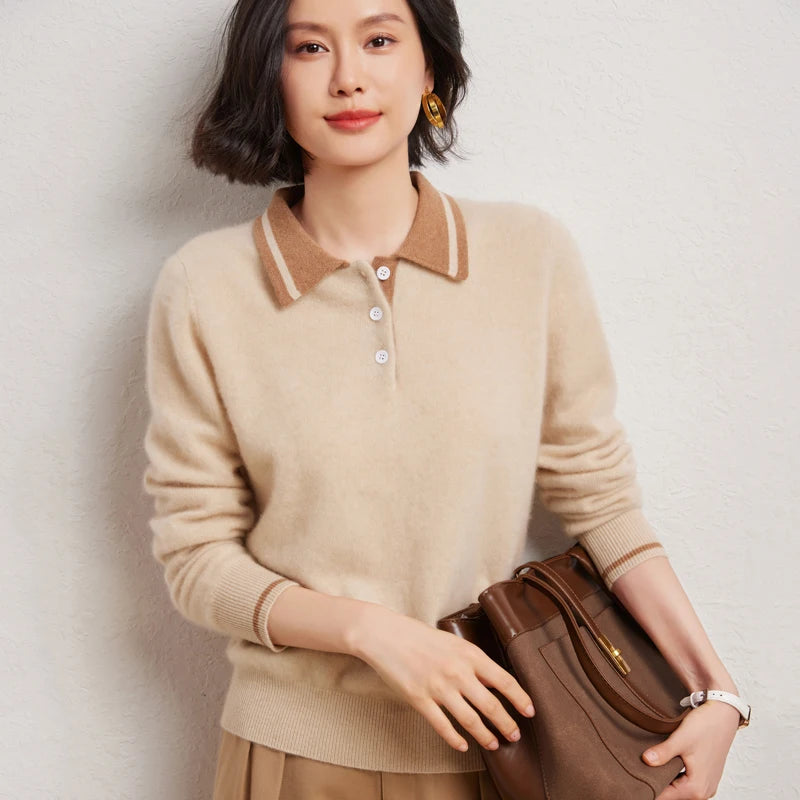 Women's Contrast Color Polo Collar Pullover 30% Cashmere 70% Wool Sweater Autumn Winter Cashmere  Bottoming Clothing Soft Top