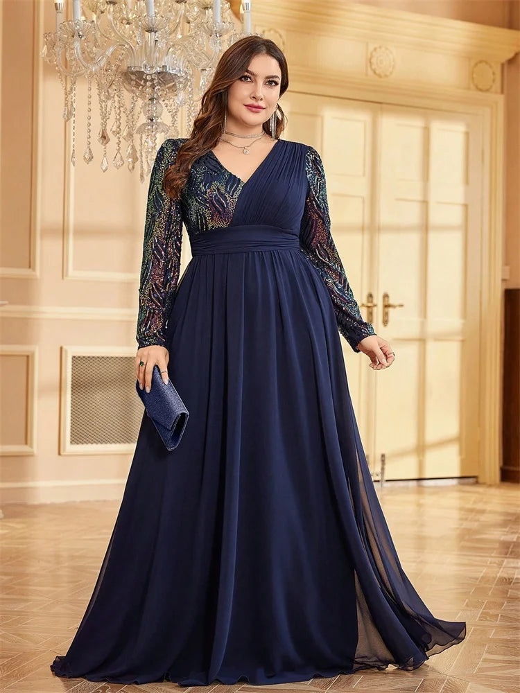 Plus Size Luxury Chiffon Long Sleeve Evening Dresses Women Sequin Red Wedding Party Cocktail Prom Floor Lenght Gowns