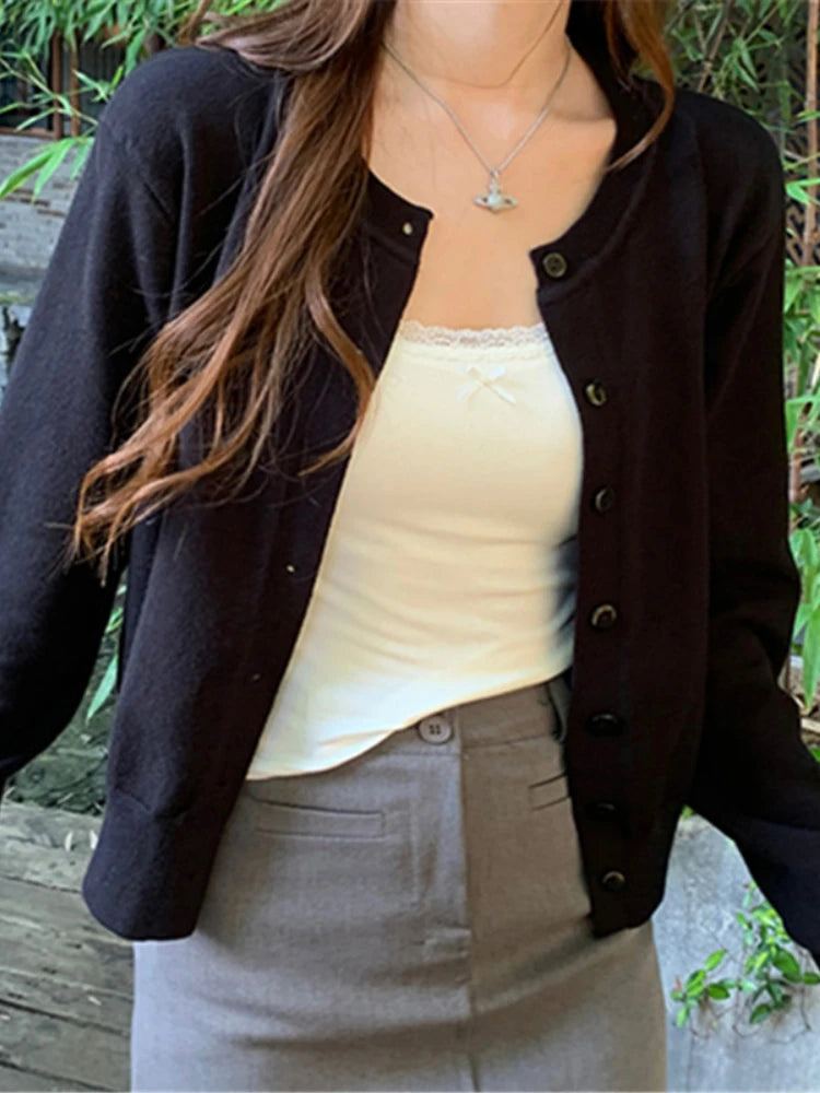 AOSSVIAO 2026 Women's Long Sleeve Cardigan O Neck Button Down Knit Lady Autumn Spring Knitted Single-breasted Cardigan Sweaters