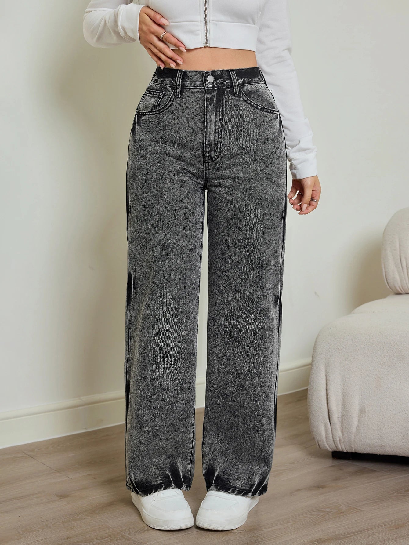 2026 autumn new women's jeans, tie-dye contrast washing, elastic waist, high waist straight jeans