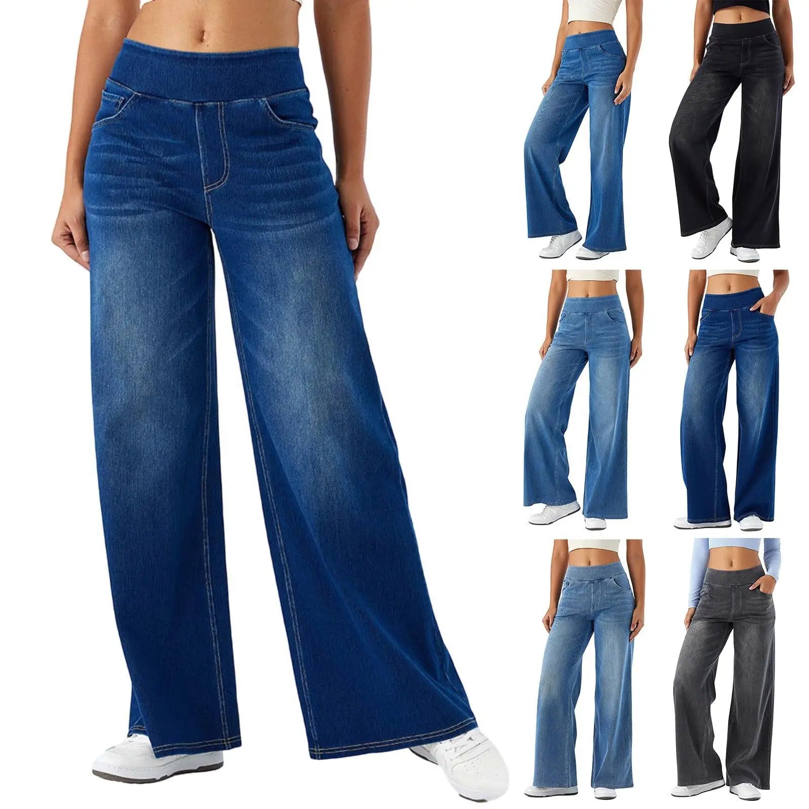 Women Jeans Denim Pant Wide Leg Long Pants Y2k Streetwear Elastic Waist Straight Trousers Elegant Mom Jeans Temperament Casual