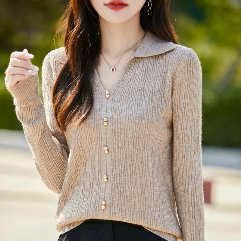 Spring Autumn Women Fine Merino Wool Sweater Polo V-neck Warm Pullover Hollow Pattern Fake Cardigan Knitwear Bottoming Tops