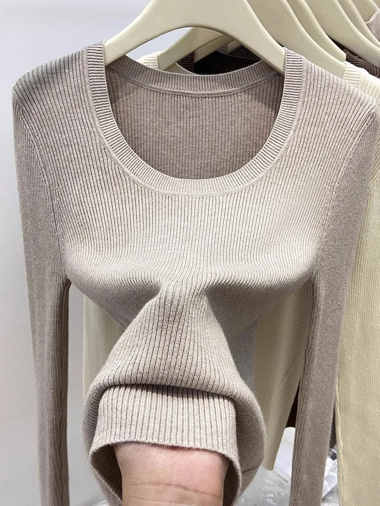 2025 Soft Warm Simple Base Layer Top Women's Autumn Winter New Slim Fit Sweater Solid Color O-neck Knitted Pullovers
