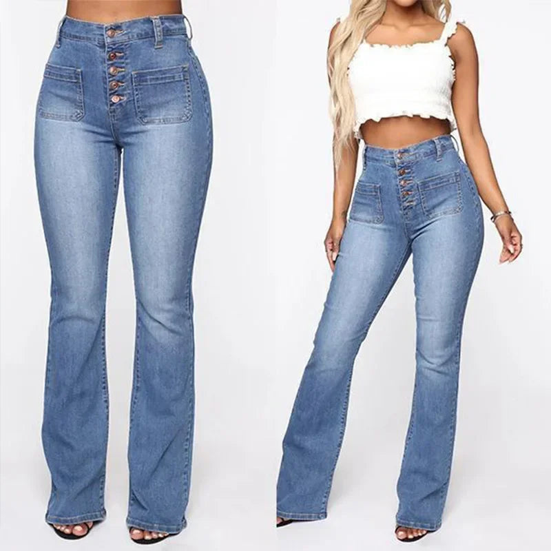 2026 Button Fly Wide Leg Jeans Women's Elastic High Waist Skinny Denim Long Pants Casual Slim Spring Pocket Trousers Streetwear