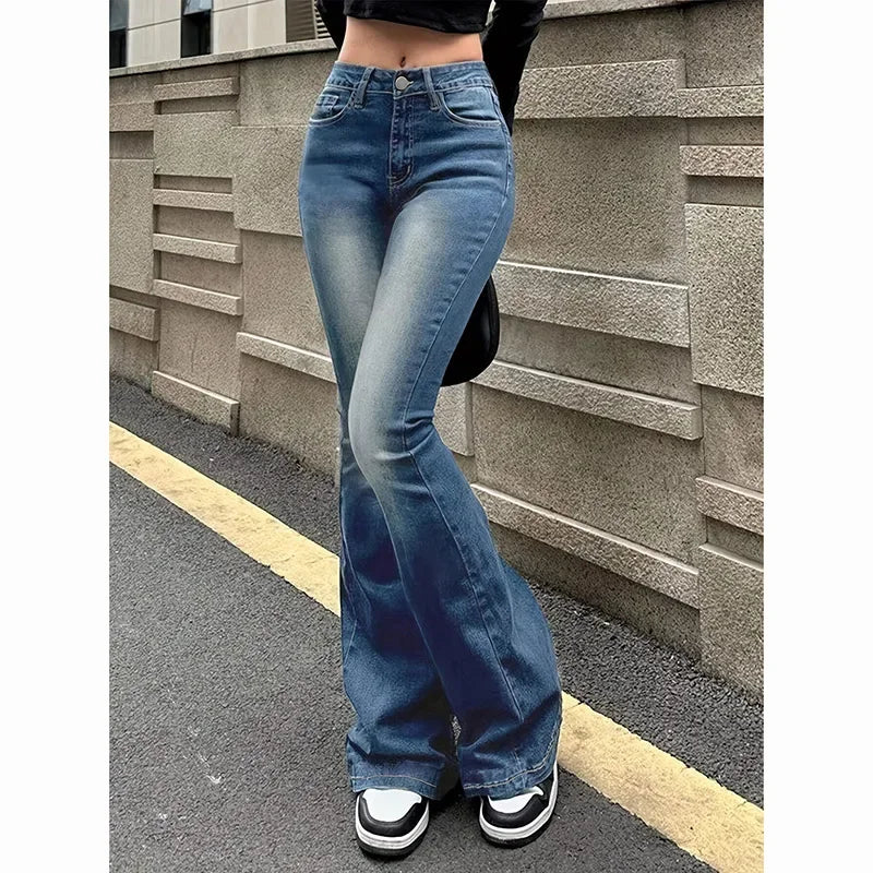 2026 Girls Concise Ins High Waist Flared Jeans Female Stretchy Bootcut Denim Pants Women Solid Color Thin Bell Bottoms Trousers