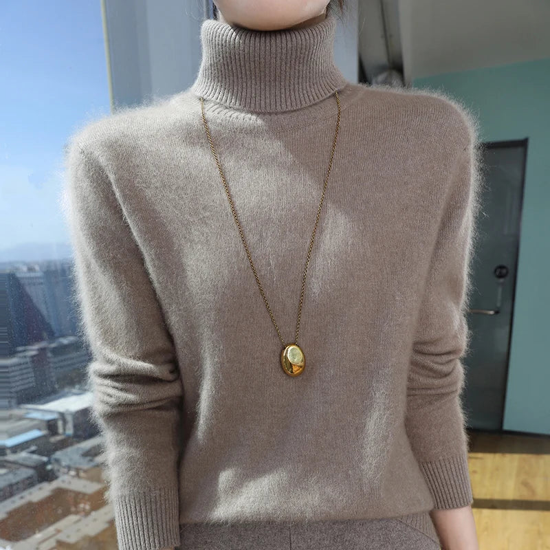 100% Mink Cashmere Top-Lapel Women Sweater Long-sleeves Fashion High-elasticity Sexy Winter Knitted Pullover Girl