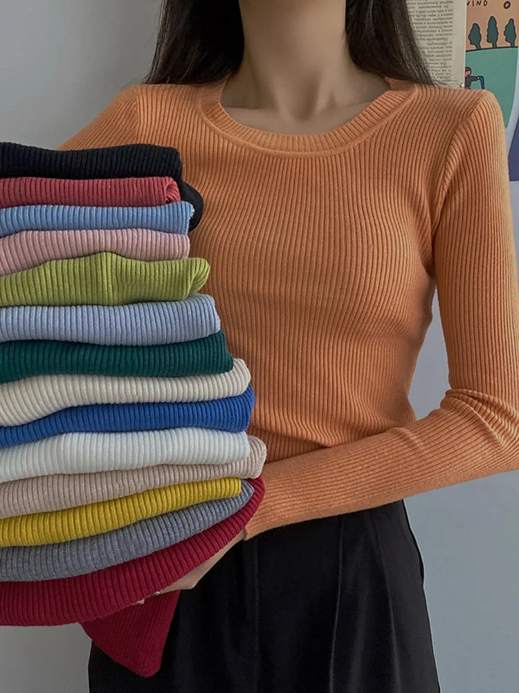 2026 New-coming Autumn Winter Tops O-Neck Pullovers Sweaters Primer shirt long sleeve Short Korean Slim-fit tight sweater