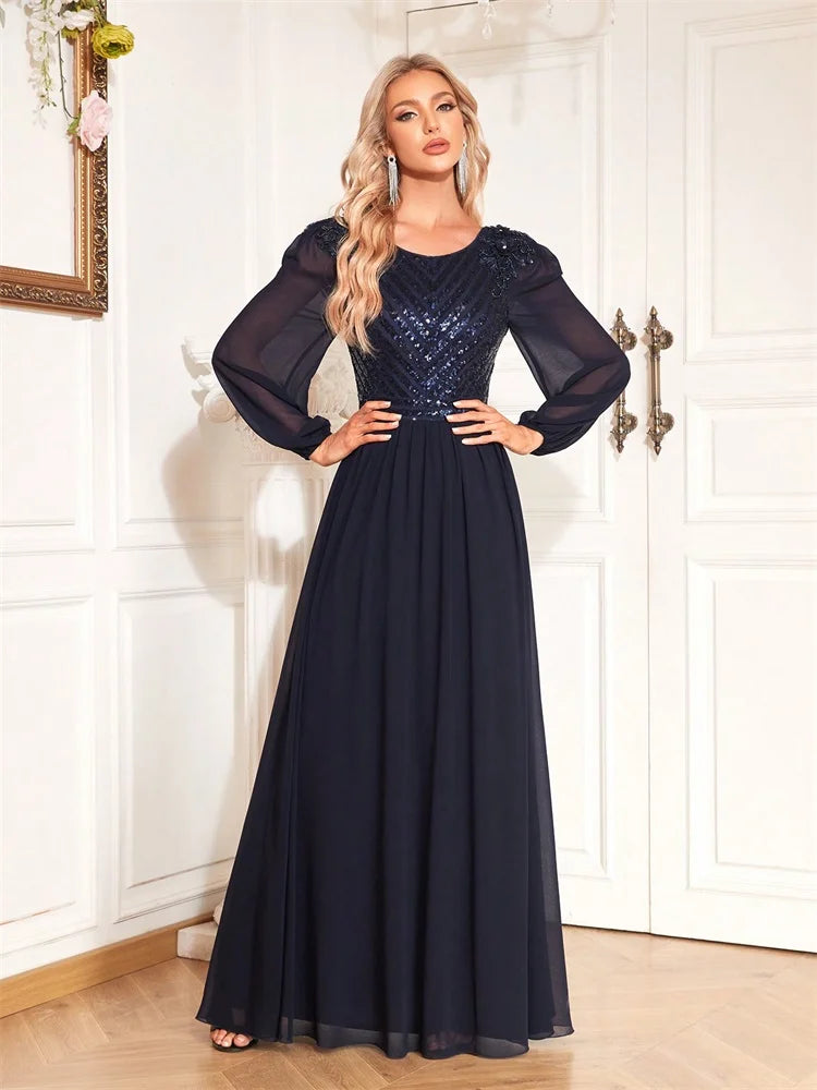 Luxury Arabia Long Sleeve Sequins Evening Dress Women 2025 Female Guests Wedding Party Prom Blue Cocktail Dresses