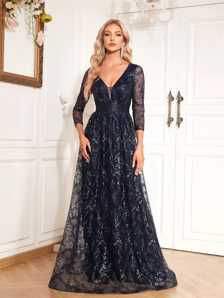 New Elegant Blue V-Neck Floral Evening Dress Long 2025 Luxury Women Long Sleeve Wedding Party Cocktail Dress Prom