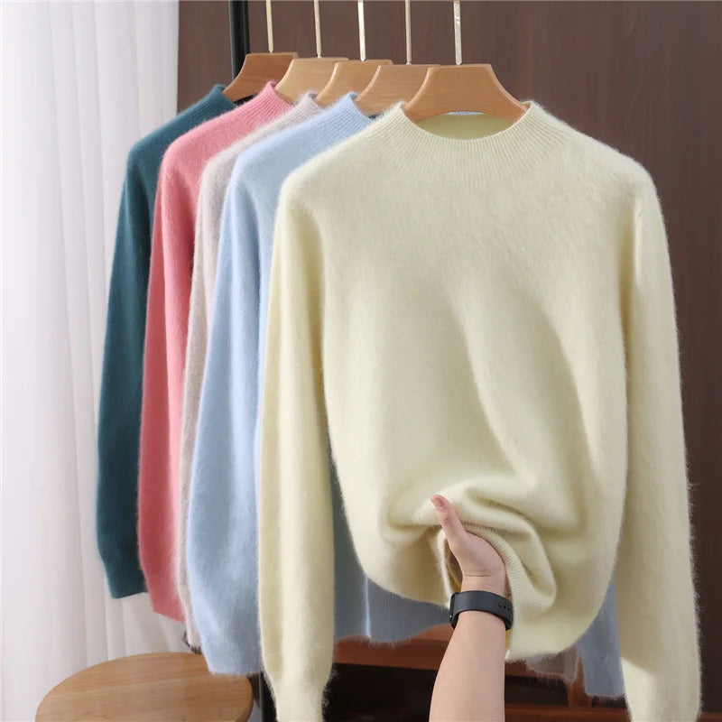 Basic Women Clothes Autumn Winter Sweater Pullover 100% Mink Cashmere Sweater Half High Collar Female Pullover Warm Comfort Knit