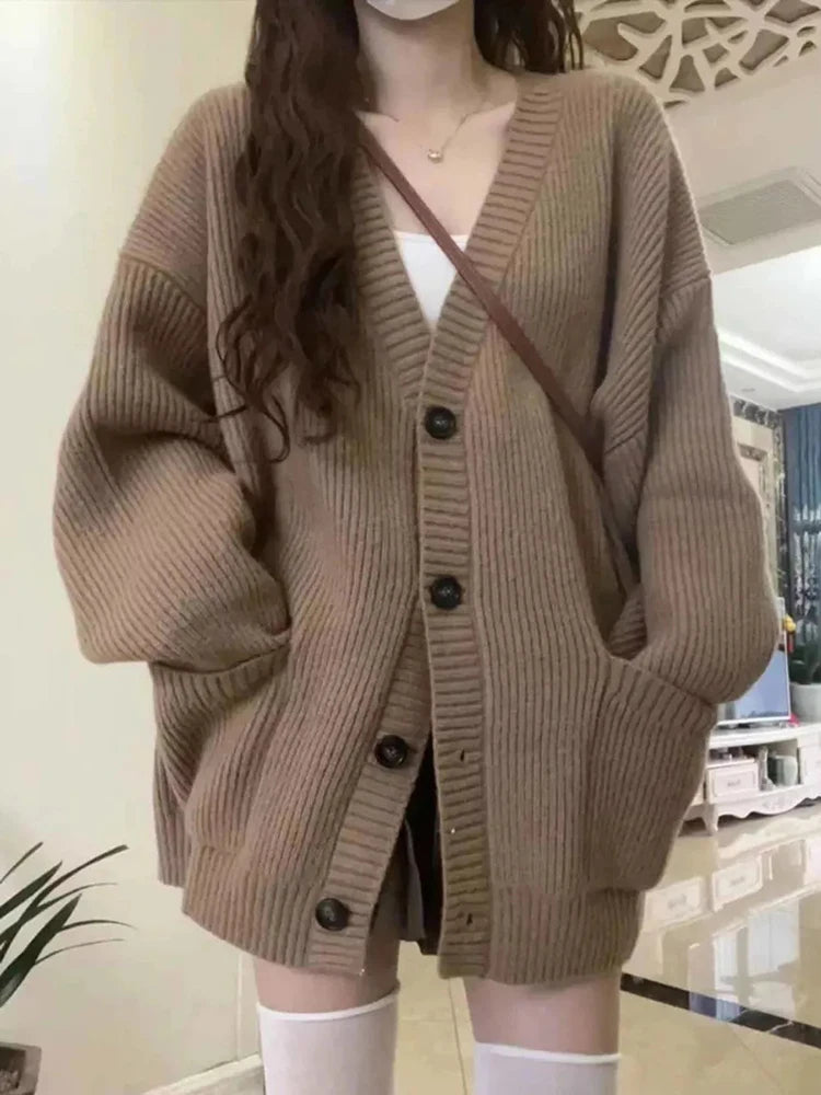 Japanese Sweet Knitted Cardigan Women Fall Winter Lazy Wind Loose Casual Sweaters V Neck Solid Student Fashion Elegant New Coats