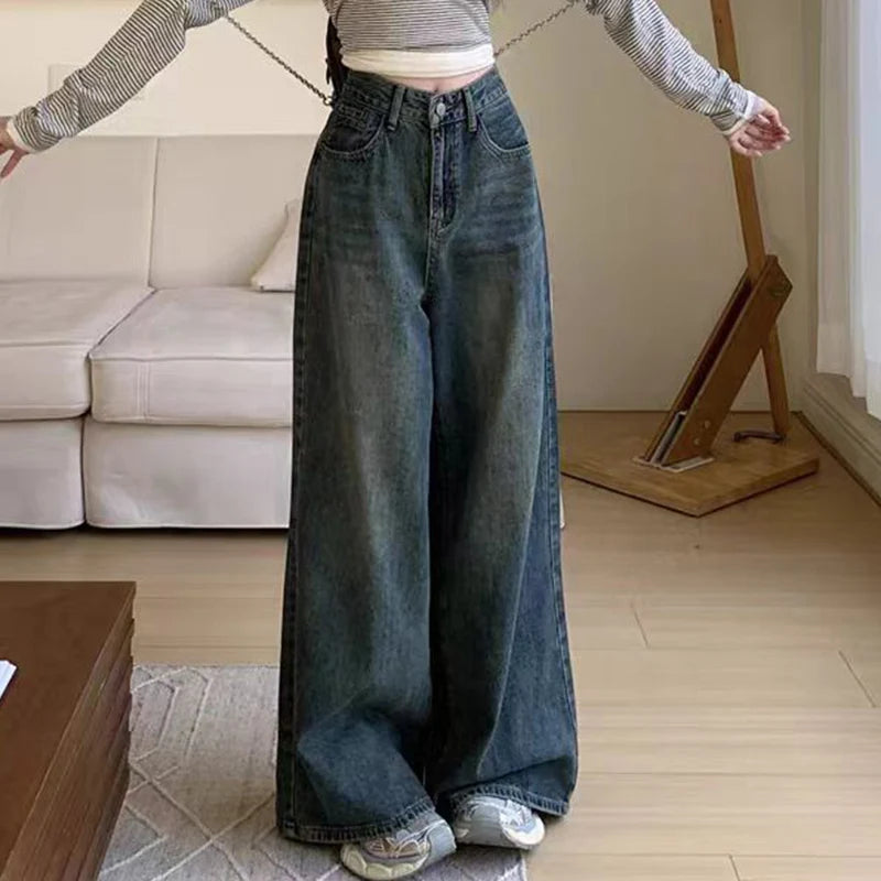 Highstreet Style Blue Straight Jeans Women 2026 Spring Autumn Causal Baggy Wide Leg Jeans for Woman Button Up Trousers Female