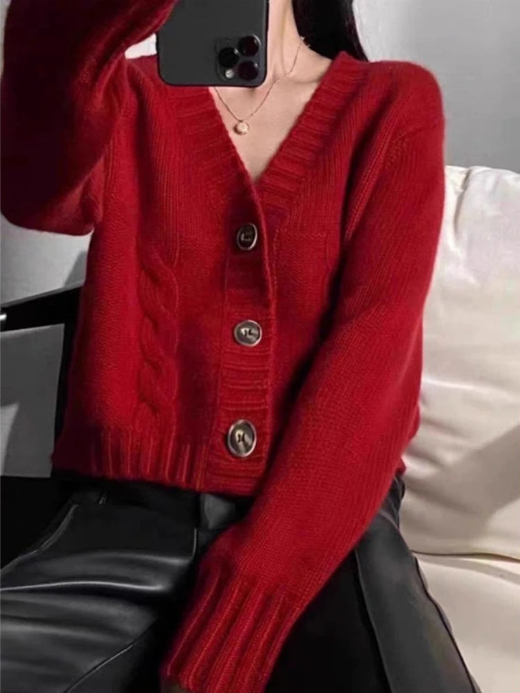 V-neck Long Sleeve Women Knitted Cardigan Sweater Fashion Loose Winter Autumn Coat Casual Solid Color Short Top Elegant Knitwear