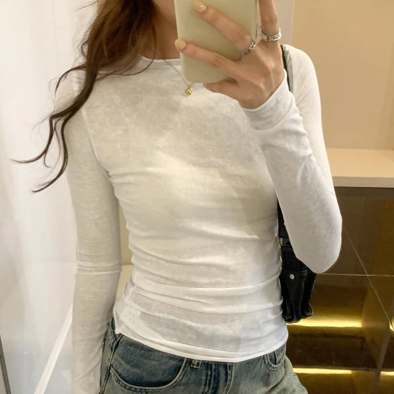 2026 Spring Autumn T shirt Women Tops Solid Slim Fit Long Sleeve O Neck Tshirts Female Casual Streetwear High Quality Base Tees