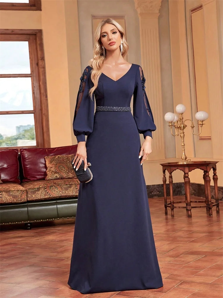 Luxury Empty Long Sleeves Applique Floor Length Evening Dresses Women Elegant Weedding Party V-neck Cocktail Gowns